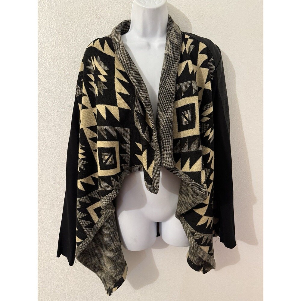 Baccini Cardigan Mixed Media Aztec Western Faux Leather Sleeve Boho Size L Black